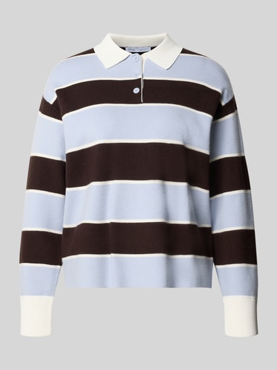 Produktfoto, Regular Fit Poloshirt aus Viskose-Mix von MANGO, blau-braun gestreift mit weißen elastischen Ärmelabschlüssen, Langarm