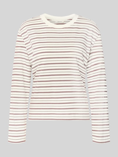 Produktfoto, weißes Boxy Fit Langarmshirt aus reiner Baumwolle Modell 'ESSENTIAL' von Selected mit feinen roten und schwarzen Streifen, Damen Langarmshirt.