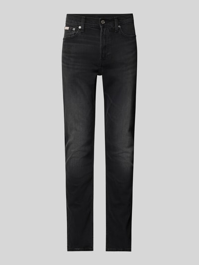 Produktfoto, schwarze Jeans mit 5-Pocket-Design von Calvin Klein Jeans, Slim Fit, Label-Detail, Baumwoll-Elasthan-Mix, auf grauem Hintergrund.