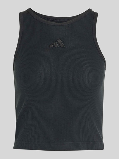 Produktfoto, Cropped Tanktop aus Baumwoll-Mix in Feinripp von adidas Sportswear, schwarz, gerippte Struktur, dezentes adidas Logo vorn.