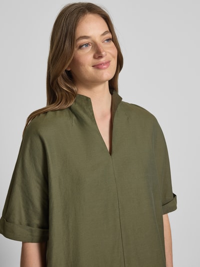 ETERNA Sukienka o długości do kolan z mieszanki bawełny i lnu ze spiczastym dekoltem ze stójką Khaki 3