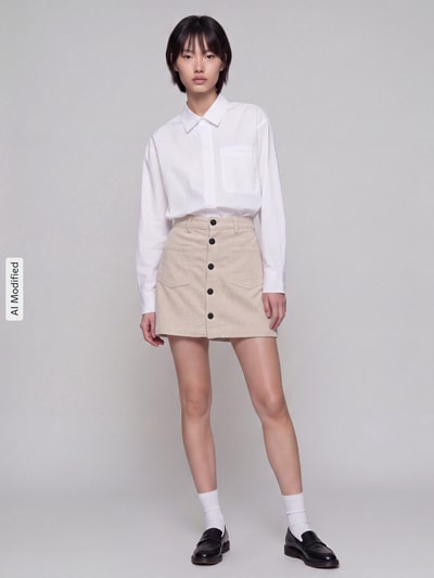 Frauenmodel trägt eng anliegenden Mini-Rock aus Baumwoll-Mix Modell 'AMAZING' von ONLY in Beige mit Knopfleiste, Damen Mini-Rock, Ganzkörperansicht von vorne, KI-modifiziertes Bild.