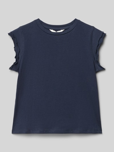 Produktfoto, dunkelblaues Kinder T-Shirt mit Rundhalsausschnitt, Gerader-Schnitt, Ärmel mit Wellensaum, Modell 'LILI' von Mango, Reine Baumwolle, Rückenlänge 42 cm bei Größe 128