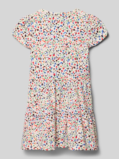 Meisje draagt Leicht ausgestelltes Freizeitkleid aus Baumwoll-Mix van s.Oliver RED LABEL, kleurrijk bloemenpatroon, licht uitlopend fit, katoenmix, korte mouw, ronde hals, volledig beeld van achteren.