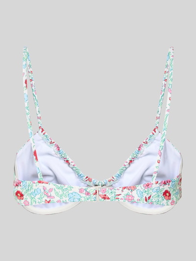 Produktfoto, Bikini-Oberteil mit Bügeln Modell 'BAOMI' von Pieces, florales Allover-Muster in Pastellfarben, feine Spaghettiträger, Schleife-Detail, unwattierte Cups, Hakenverschluss, glatte Textur