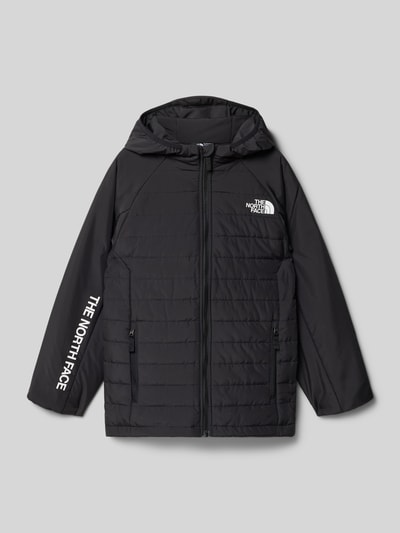 Produktfoto, Regular Fit Jacke in Stepp-Optik Modell 'Never Stop' von The North Face, czarny kolor, nadruk z logo, kaptur z elastycznym pasem, wpuszczane kieszenie zapinane na zamek błyskawiczny, długość tyłu w rozmiarze M 55 cm, szerokość w rozmiarze M 42 cm, długość rękawów w rozmiarze M 46 cm
