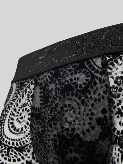 Produktfoto, Slim Fit Trunks in semitransparentem Design Modell 'Rhapsody' von HOM, schwarzes Spitzenmuster, elastischer Material-Mix, Logo-Detail