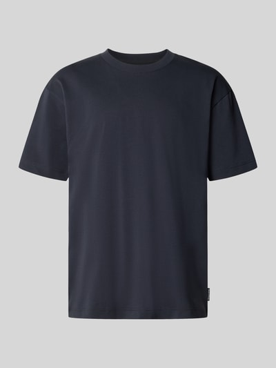 Produktfoto, Relaxed Fit T-Shirt aus reiner Baumwolle von Marc O'Polo, unifarbenes dunkelblau, Rundhals, Label Patch, fein gerippte Struktur