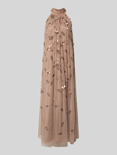 Produktfoto, Relaxed Fit Maxikleid mit floralem Allover-Pailettenbesatz von Adrianna Papell, Mesh, Stehkragen, ärmellos, beige, feine Textur