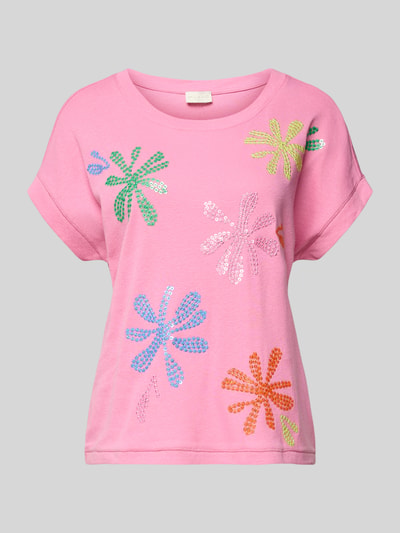 Produktfoto, T-Shirt aus Baumwoll-Leinen-Mix mit Stitchings von Milano Italy in Rosa, bunte Blumenmuster, Regular Fit, Rundhalsausschnitt