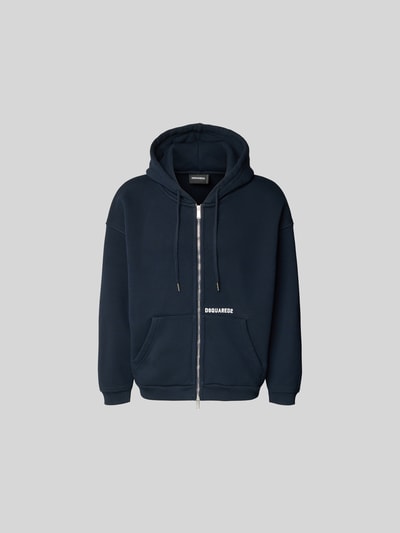 Produktfoto, Oversized Sweatjacke aus Baumwoll-Mix von Dsquared2 in Dunkelblau mit Zweiwege-Reißverschluss, Kapuze mit Tunnelzug, getrennter Känguru-Tasche, strukturierte Oberfläche, Länge 64 cm, Schulterbreite 67 cm, Ärmellänge 52 cm.