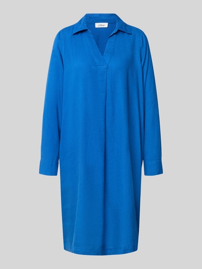 Produktfoto, Figurumspeelend vrijetijdsjurk uit mix van linnen en viscose van s.Oliver RED LABEL in effen blauw, midilengte, v-hals, lange mouw, flammgarenstructuur