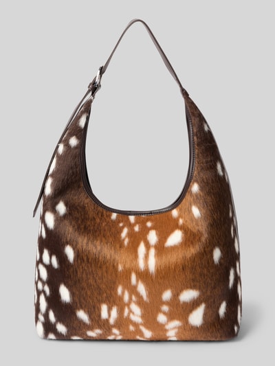 Produktfoto, Handtasche aus Kunstfell im Allover-Look von Gina Tricot mit braun-weißem Muster, Reißverschluss, verstellbarem Henkel, glatte Textur.