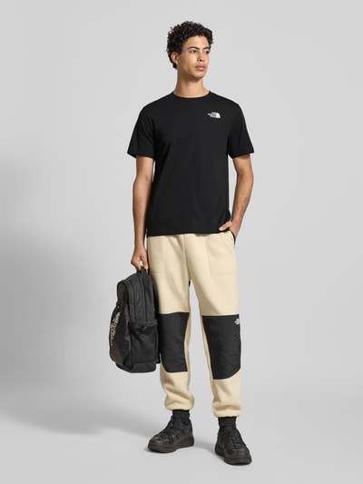 Mannmodel draagt zwart Regular Fit T-shirt uit katoenmix Model 'EVOLUTION' van The North Face, ronde hals, labeldetail, ruglengte 70 cm, helemaal van voren.