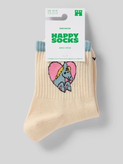 Produktfoto, Socken aus Baumwoll-Mix Modell 'LOVE PONY' von Happy Socks, beiger Grundton, bunte Pony-Intarsie, Ripp-Optik, Label-Detail
