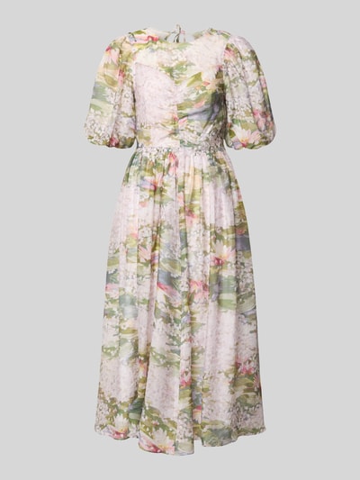 Produktfoto, sukienka midi z bufistymi rękawami model 'JONORA' od Ted Baker, mieszanka lyocellu, taliowany fason, okrągły dekolt, wycięcie na plecach z wiązaniem, zamek błyskawiczny z tyłu, długość tyłu w rozmiarze 36: 103 cm, szerokość w rozmiarze 36: 37 cm, długość rękawów w rozmiarze 36: 33 cm, wielokolorowy wzór, lekka faktura.