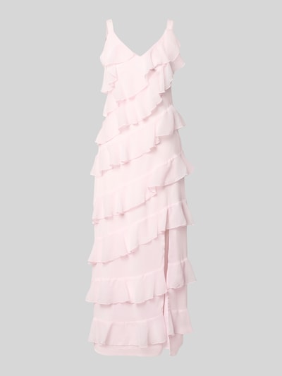 Produktfoto, zart rosafarbenes Damen Midikleid mit A-Linie und Volants, Modell 'LUNA' von Vila, Träger mit Schnürung, strukturierte Oberfläche