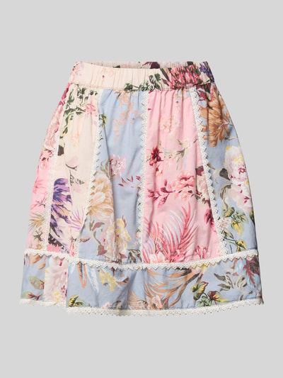 Productfoto, minirok met kant model 'MESSA' van YAS, mix van katoen en linnen, A-lijn, elastische band, bloemenprint, totale lengte maat 36: 42 cm, bandwijdte 37 cm