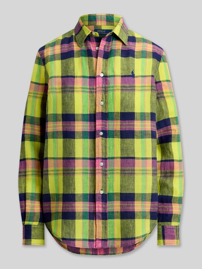Produktfoto, Regular Fit Hemdbluse aus reinem Leinen von Polo Ralph Lauren, kariertes Allover-Muster in Grün, Gelb, Rosa und Dunkelblau, Logo-Stitching, einreihige Knopfleiste, Hemdkragen, langarm, Ärmel mit Manschetten, reine Leinen-Textur