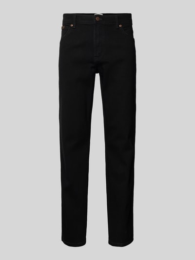 Produktfoto, schwarze Straight Fit Jeans im 5-Pocket-Design Modell 'Texas' von Wrangler aus Baumwoll-Mix mit Stretch, glatte Textur