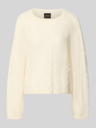 Produktfoto, Regular Fit Pullover aus reiner Baumwolle Modell 'C_Fypera' von BOSS für Damen, cremefarben mit Zopfmuster, BOSS Orange.