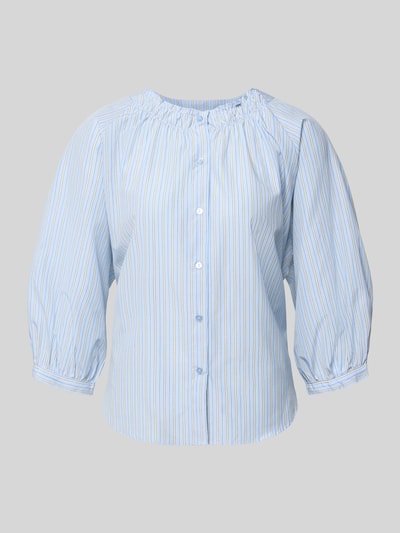 Produktfoto, Regular Fit Bluse mit Raffungen Modell 'Cassy' von Soyaconcept, mieszanka bawełny, krój regular fit, marszczenia, rękaw o dł. 1/2, listwa guzikowa, okrągły dekolt, zakończenia rękawów, długość tyłu w rozmiarze S/M: 70 cm, długość rękawów w rozmiarze S/M: 50 cm, paski w odcieniach niebieskiego i żółtego, gładka tekstura.