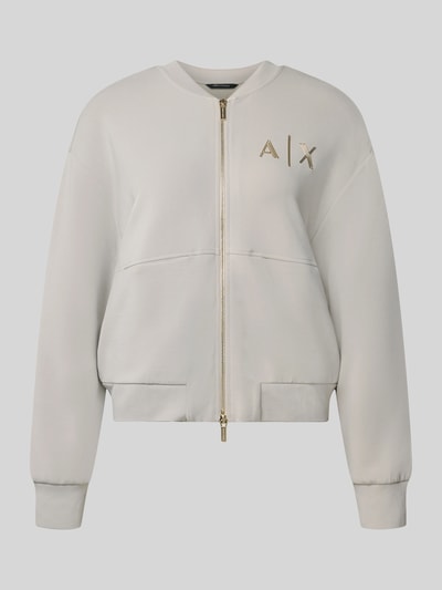 Produktfoto, Sweatjacke mit Label-Print von Armani Exchange in Beige, goldener Zweiwege-Reißverschluss, Viskose-Mix mit Stretch-Anteil, lockere Passform, seitliche Eingrifftaschen