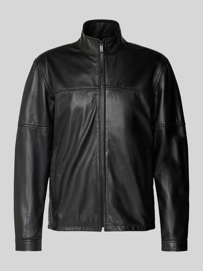 Produktfoto, Regular Fit Lederjacke aus Lammnappa Modell 'JIMMY-S' von Strellson in Schwarz, unifarben, Stehkragen, Reißverschluss, Nappaleder-Oberfläche