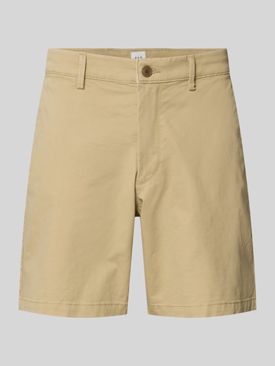 Produktfoto, Shorts mit französischen Eingrifftaschen von GAP, beige Baumwoll-Mix mit Stretch, Straight Fit, Knopf- und Reißverschluss.