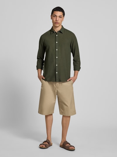 ONLY & SONS Slim Fit Freizeithemd aus Baumwoll-Leinen-Mix Modell 'CAIDENLS SOLID' Oliv 1