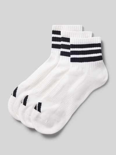 Produktfoto, Strümpfe aus Baumwoll-Mix im 3er-Pack von adidas Sportswear, Optik: Unifarben, Logo-Print, Kontraststreifen, Bundabschluss: Gerippt, Multipack: 3er-Pack, Materialverarbeitung: Feinstrick, Farbe weiß mit schwarzen Details, glatte Textur.