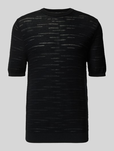 Produktfoto, Strickshirt aus Baumwolle von Antony Morato für Herren, Gerader-Schnitt, Rundhalsausschnitt, Gerippte-Abschlüsse, Halbarm, Rückenlänge 70 cm bei Größe M, schwarze Farbe mit dezentem Streifenmuster, feine Strickstruktur.