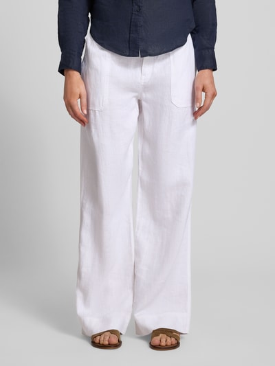 Frauenmodel trägt Regular Fit Weite HOSE aus reinem Leinen von Lauren Ralph Lauren, Optik: Unifarben, Ganzkörperansicht von vorne.