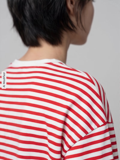 Frauenmodel trägt Regular Fit Langarmshirt aus Baumwoll-Mix Modell 'ADIE' von Pieces, Two Tone Optik, Feinripp, Nahaufnahme Rückansicht, KI-modifiziertes Bild