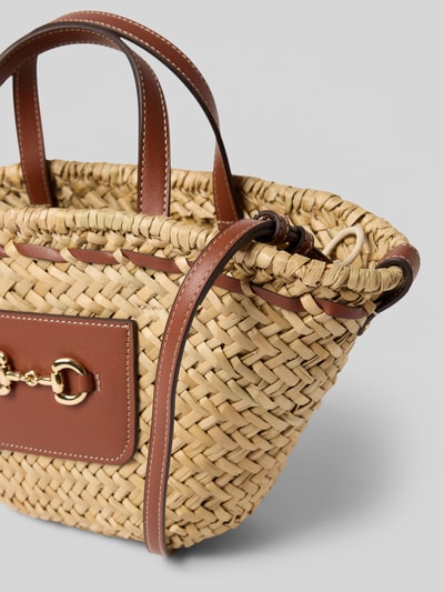 Produktfoto, Handtasche mit Schulterriemen Modell 'CIES' von Mango, Damen Handtasche aus naturfarbenem Flechtmaterial mit braunen Details, offenes Hauptfach, Tragehenkel, Breite 37 cm, Länge 20 cm, Tiefe 9 cm, Länge Schulterriemen 29 cm