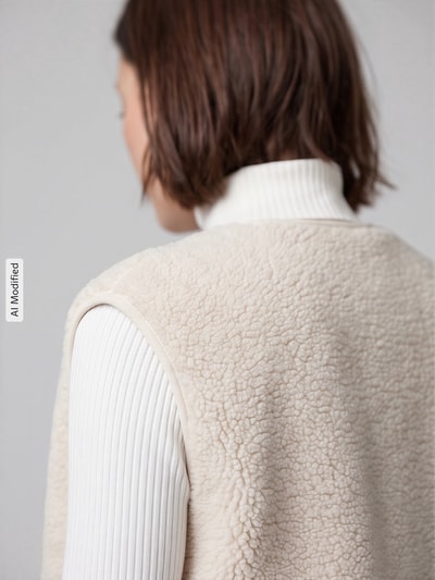 Frauenmodel trägt Regular Fit Weste mit Logo-Detail von Jake*s Casual in Beige mit wolliger Textur über weißem Oberteil, Ganzkörperansicht Rückansicht, KI-modifiziertes Bild.