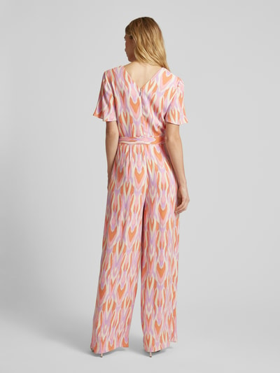 comma Jumpsuit van viscose met all-over motief en strikceintuur Felroze - 5