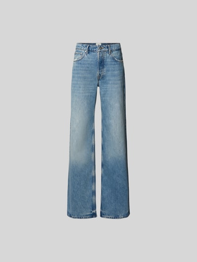 Produktfoto, Straight Fit Jeans im 5-Pocket-Design von Anine Bing aus reiner Baumwolle, mittleres Blau mit Used-Waschung, sichtbare Nähte, Gürtelschlaufen, Knopf- und Reißverschluss, Bundweite 39 cm, Innenbeinlänge 68 cm.