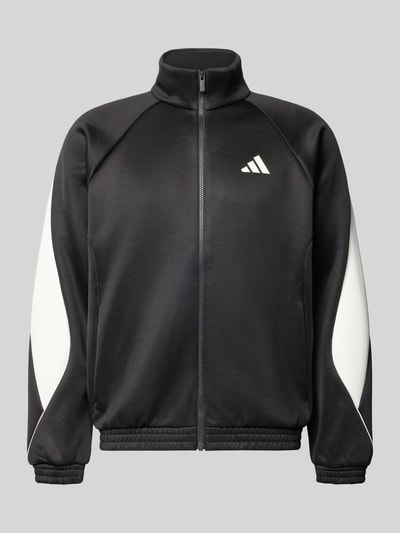 Produktfoto, Kurtka treningowa z logo i stójką od adidas Sportswear, mieszanka materiałów z bawełną, krój regular fit, czarno-białe kolory, zamek błyskawiczny, długość tyłu 68 cm, długość rękawów 67 cm