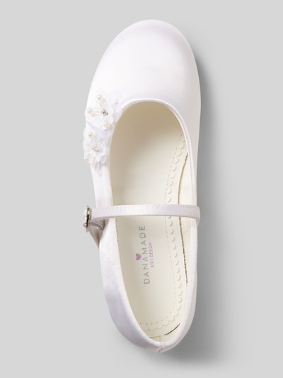 Produktfoto, Ballerina mit Dornschließe von DANAMADE, weiß, abgerundete Spitze, Zierbesatz, strukturierte Sohle, Größe 31, Draufsicht
