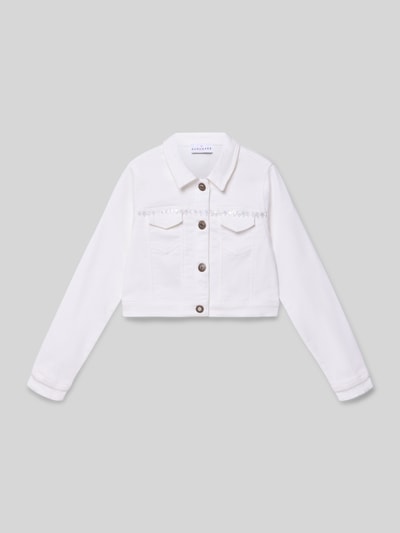 Productfoto, Regular Fit Jacke mit Pailettenbesatz van DANAMADE in wit, bloemenmotief, katoenmix, opgestikte borstzakken, doorlopende knoopsluiting.