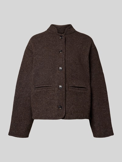 Produktfoto, Jacke mit Stehkragen und Paspeltaschen von Stefanel in Dunkelbraun, reine Baumwolle, Regular Fit, sichtbare Knopfleiste, strukturierte Oberfläche