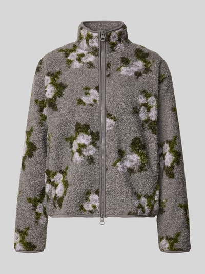 Produktfoto, grau-grüne Regular Fit Teddyjacke mit Allover-Muster Modell 'AUTUMN' von PIECES, Damen Fleecejacke, strukturierte Oberfläche
