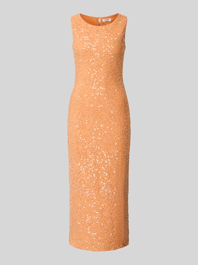 Produktfoto, Midikleid mit Pailletten und rückseitigem Knopfverschluss von Little Mistress in Orange mit figurbetontem Schnitt, Rundhalsausschnitt, Gehschlitz, schimmernde Paillettenstruktur, Rückenlänge 123 cm, Brustweite 43 cm bei Größe 36