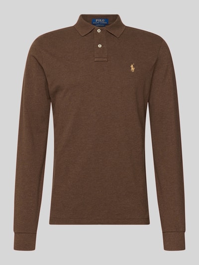 Produktfoto, Slim Fit Poloshirt aus reiner Baumwolle von Polo Ralph Lauren in Braun, Langarm, Polokragen, Label Stitching, uni, Piqué Textur