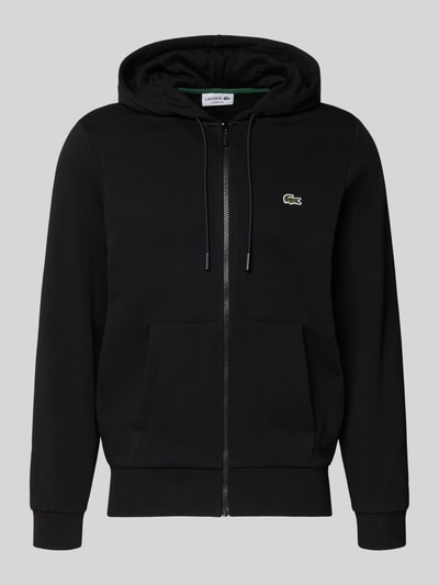 Produktfoto, Sweatjacke mit Reißverschluss von LACOSTE in Schwarz, Baumwoll-Mix, Regular-Fit, Kapuze mit Tunnelzug, Label-Detail, Eingrifftaschen, gerippte Abschlüsse, Rückenlänge 67 cm, Ärmellänge 65 cm.