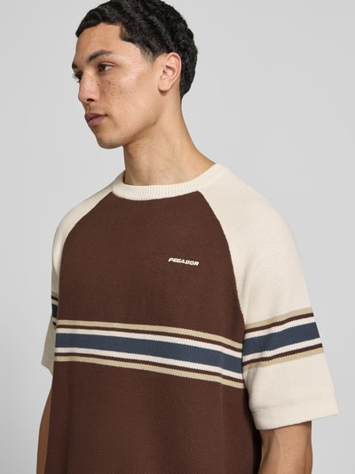 Męski model nosi Strickshirt mit Label-Stitching und Rundhalsausschnitt von Pegador z bawełny, krój regular fit, model 'Eger Pique', długość tyłu 65 cm w rozmiarze M, brązowe z kremowymi i granatowymi pasami, wyhaftowane logo, tekstura dzianinowa, nahaufnahme górnej części ciała.