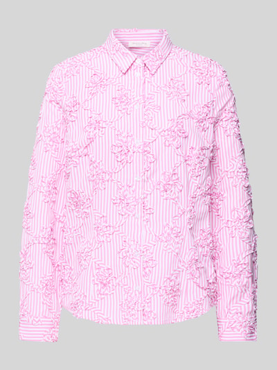 Produktfoto, HBK Zümdholzstreifen Streifen Bluse mit Blumen Applikationen von Christian Berg Woman, różowo-białe paski, aplikacje kwiatowe, kołnierzyk koszulowy, z bawełną, luźny krój, długość tyłu w rozmiarze 36: 62 cm, długość rękawa: 60 cm