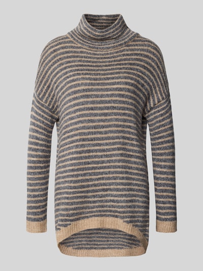 Produktfoto, Oversized Fit Strickpullover mit Viskose-Anteil von Apricot, beige-blau gestreift, gerippte Abschlüsse, hochgeschlossener Kragen, verlängerte Rückseite, Damen Strickpullover