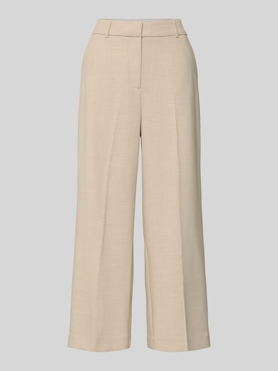 Produktfoto, Relaxed Fit Stoffhose mit Viskose-Anteil und Bügelfalten von Comma, Beige, Elastischer-Material-Mix, Gürtelschlaufen, Eingriff- und Gesäßtaschen, Bundweite 39 cm, Innenbeinlänge 63 cm, glatte Textur.